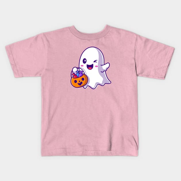 Cute Ghost Holding Candy Basket Pumpkin Cartoon Kids T-Shirt by Catalyst Labs